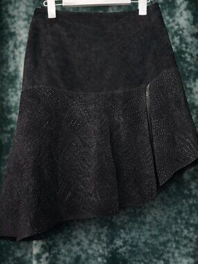 Vintage Bebe Suede Leather Skirt 8 Black Perforated Asymmetrical Hem